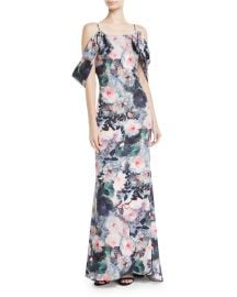 Badgley Mischka Collection Tie-Sleeve Floral-Print Long Gown x at Neiman Marcus